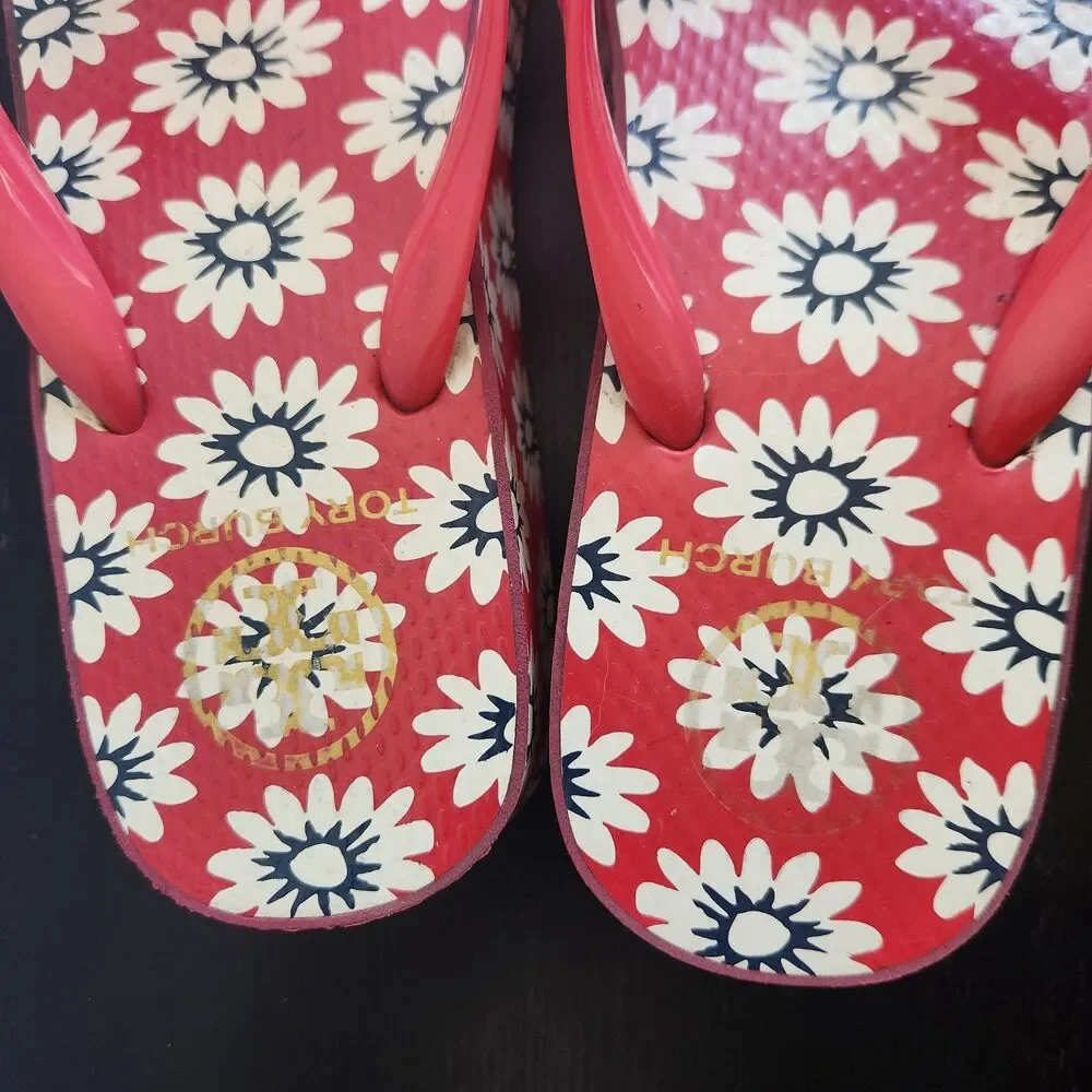 Tory Burch Nantucket daisy red white primrose floral thong sandals wedge lounge